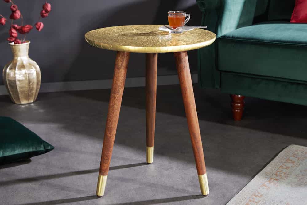 Design Beistelltisch ALCAZAR 50cm antik gold Metall Mangoholz Handarbeit rund