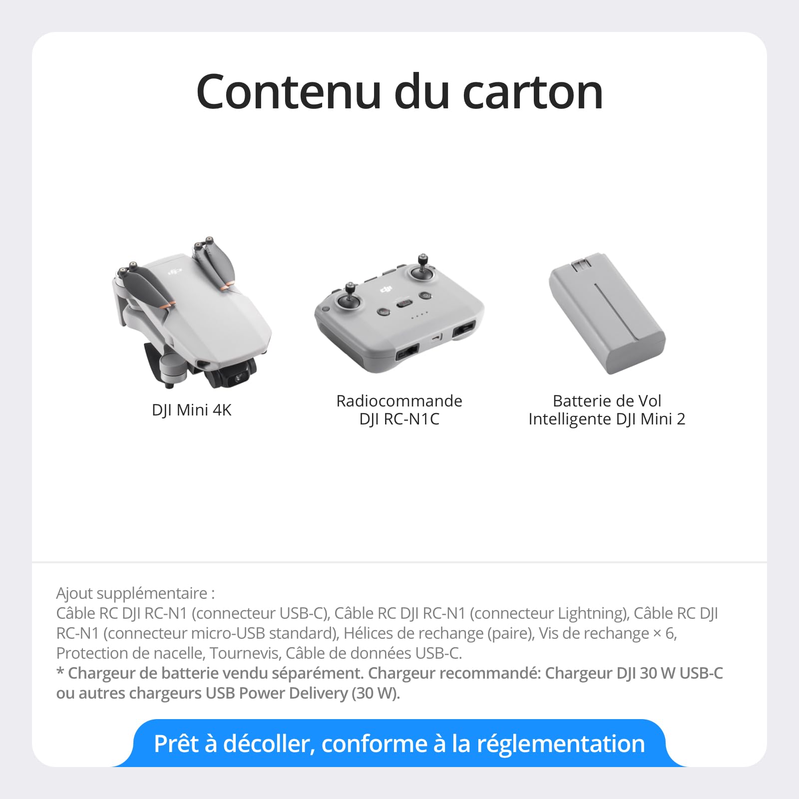 DJI Mini 4K, Drone Caméra 4K UHD, Moins de 249 g, Stabilisation de la Nacelle à 3 Axes, Transmission Vidéo sur 10 km, Retour Auto, Résistance au Vent,