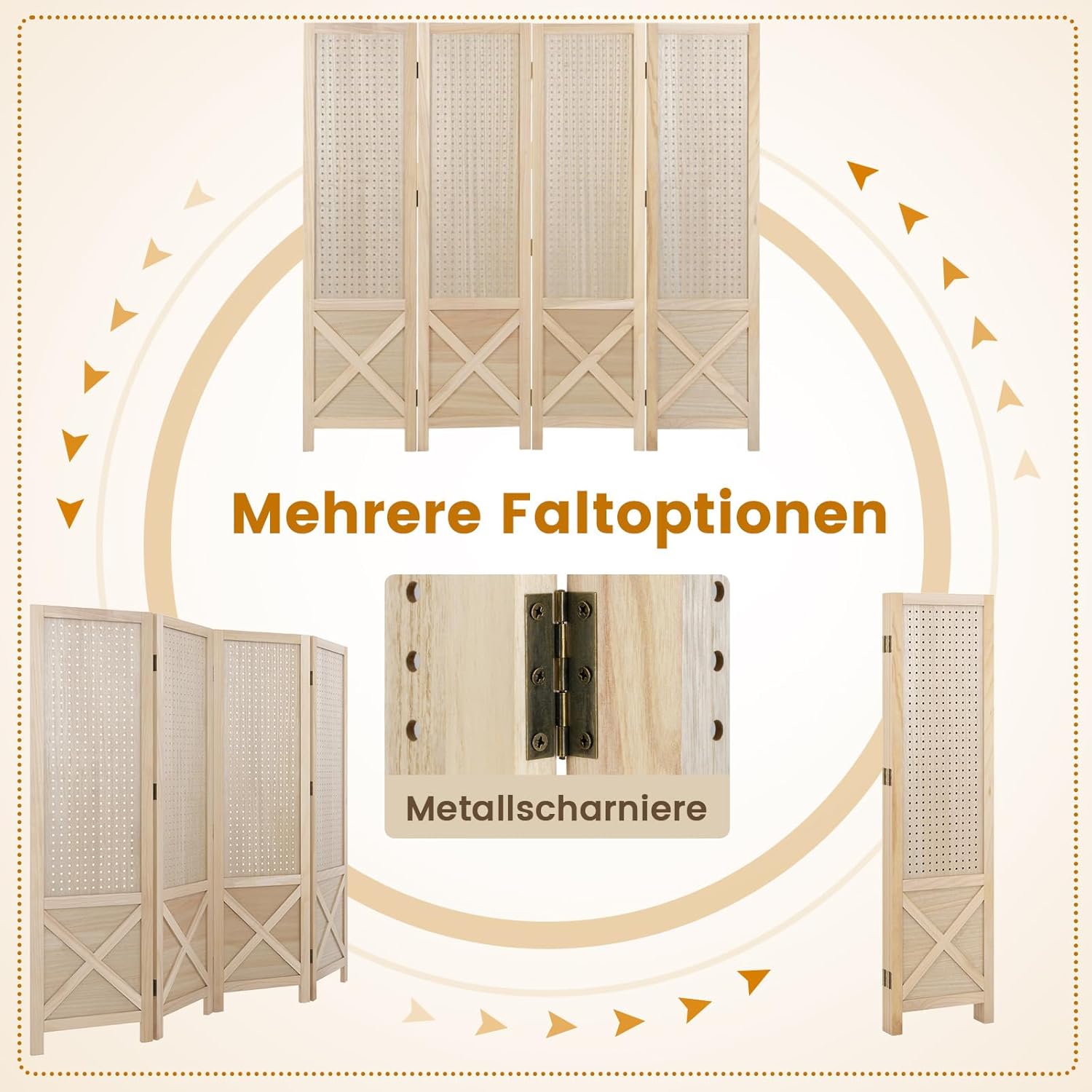 COSTWAY Paravent mit Stecktafel, 153,5 x 144 cm, Raumteiler klappbar, 4 teilige Trennwand Holzrahmen, Sichtschutz Innen Outdoor, dekorativ, Natur