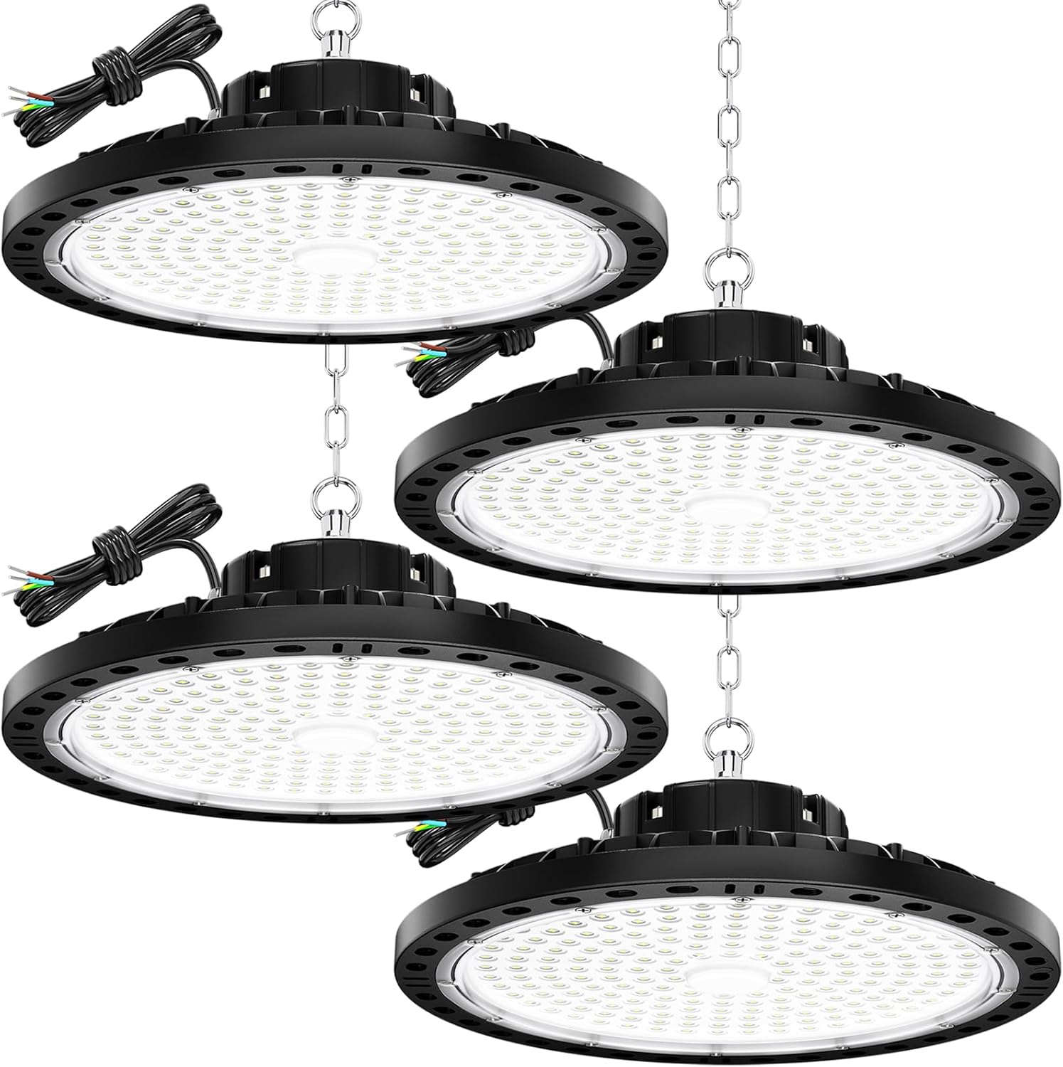 200W LED Hallenstrahler 4 Stück, 20000LM Hallenbeleuchtung LED mit 30 cm Metallkette, Treiber, 6500K IP65 UFO Lampe Industriebeleuchtung für Lagerhalle, Fabriken