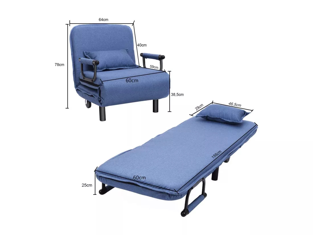 Fauteuil Convertible 3 en 1 avec Accoudoirs, Siège Confortable, Coussin et Oreiller Rembourré par des éponges de Haute Qualité, Dossier Réglable, Roue de Déplacements avec Frein (Bleu)