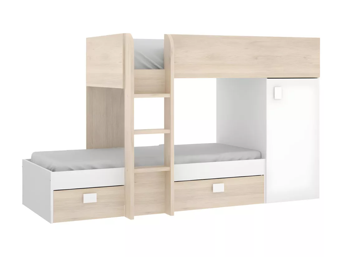 Lits superposés d'angle réversibles RICARDO - 2 x 90 x 190 cm - Rangements intégrés - Chêne et blanc
