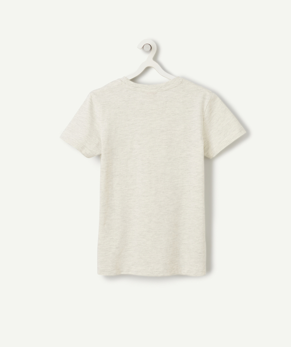 T-SHIRT GARÇON EN COTON BIO GRIS CHINÉ AVEC MESSAGE GÉOMÉTRIQUE