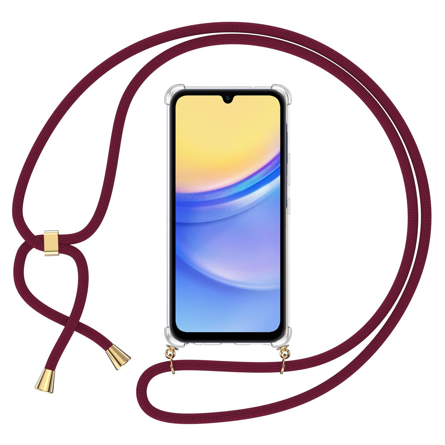 Samsung Galaxy A15 Necklace Gummi Hülle Air Cushion Fallschutz   Handykette (150cm) - Dunkelrot / Gold