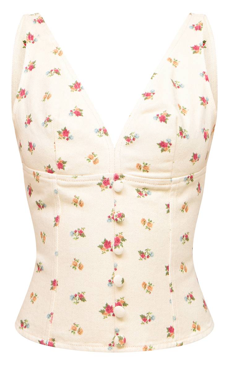 Ecru Haut En Denim À Motif Fleuri Ditsy Avec Boutons Recouverts