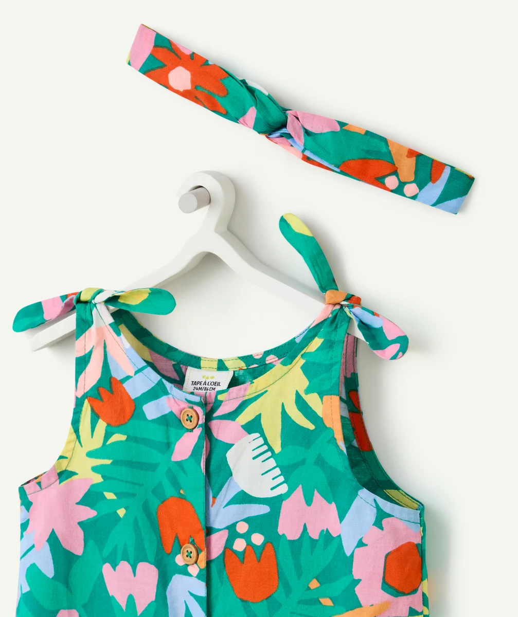 combishort avec turban bébé fille en coton bio imprimé feuillage coloré