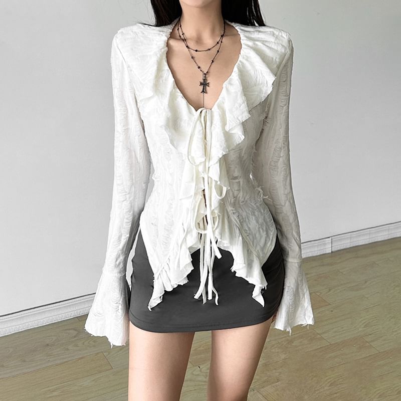 Sugarcoat - Blouse met lange mouwen, V-hals en ruches en kant