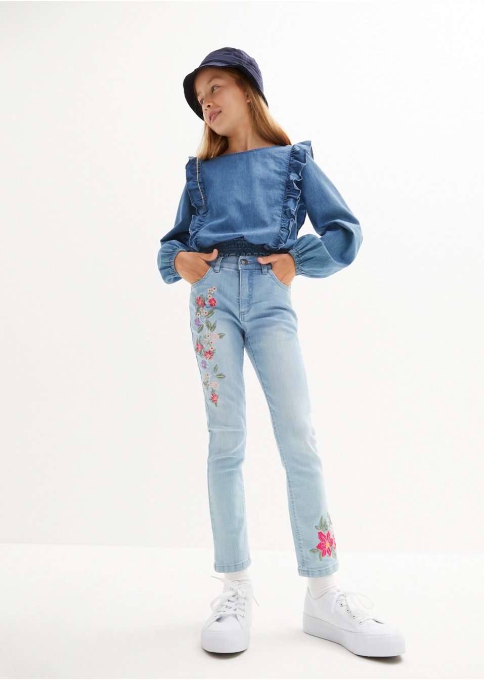 Blouse en jean fille avec ruchés