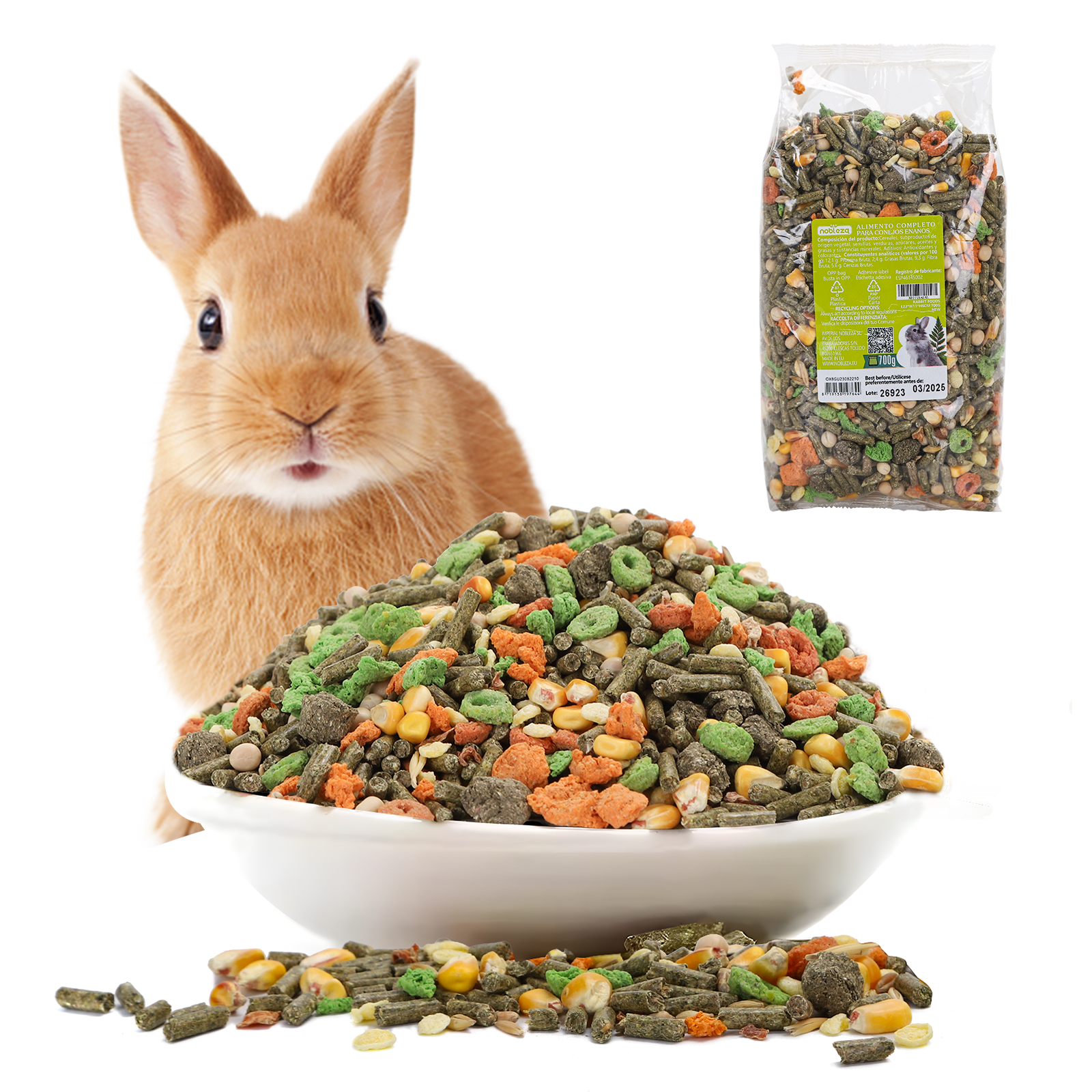Nobleza - (700g) Alimento Premium para Coelhos Adultos, Saudável e Saboroso, Promove o Desgaste Dentário e a Saúde Dental