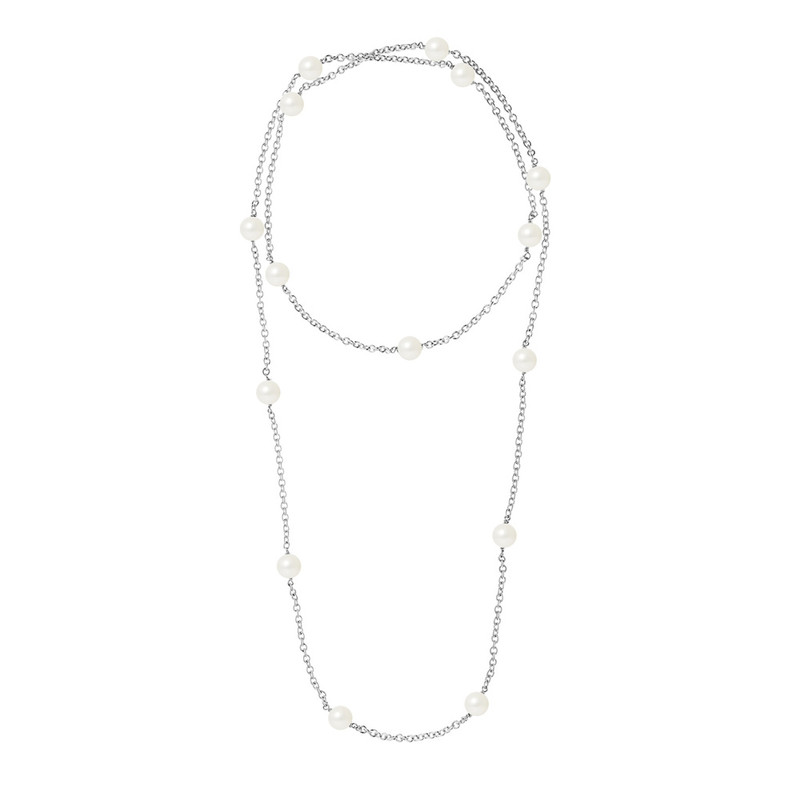 Sautoir - Long Collier Femme en Argent Massif 925/1000 et Perles de culture Blanches