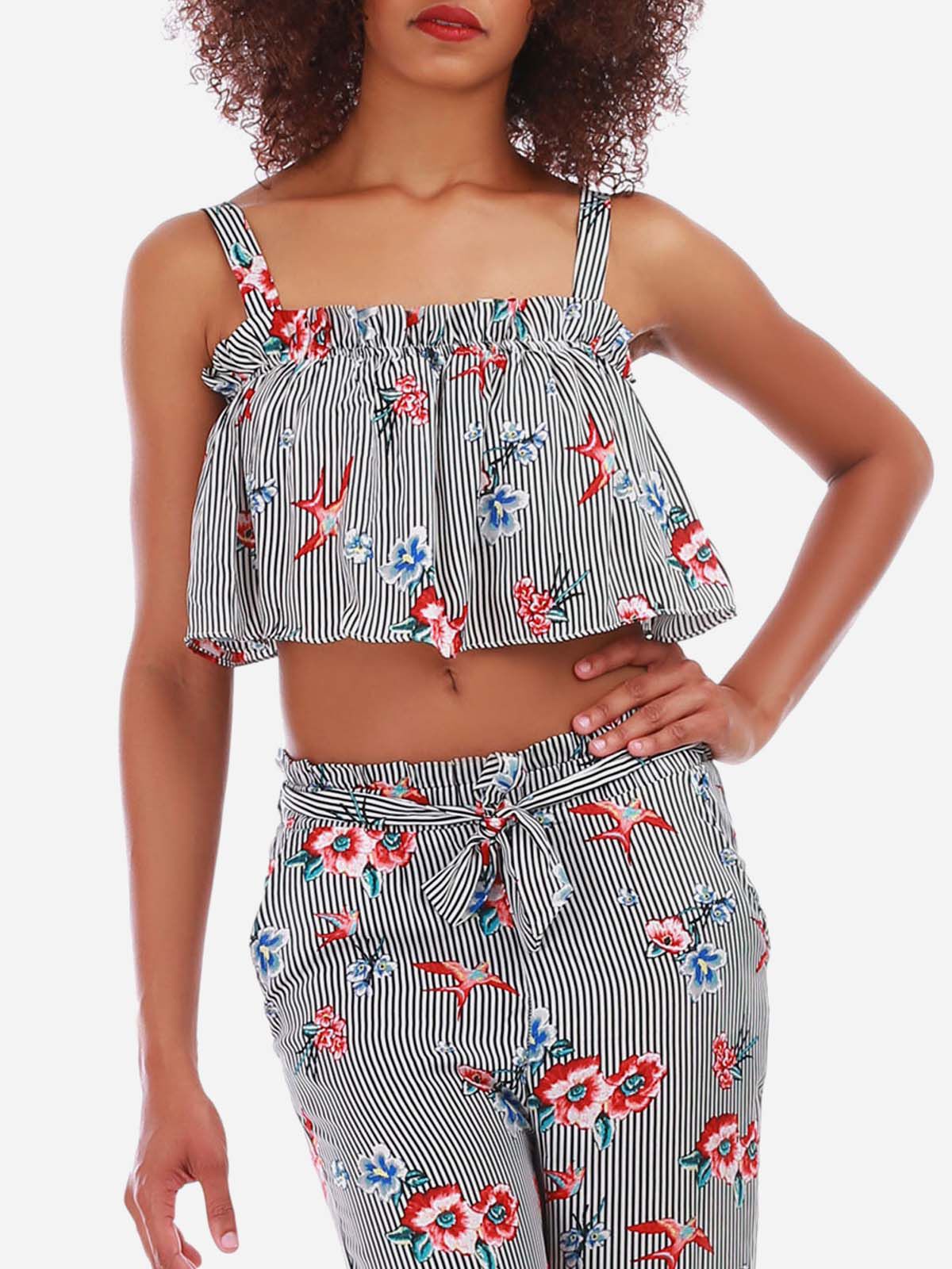 Crop top rayé à volants et fleurs- Noir