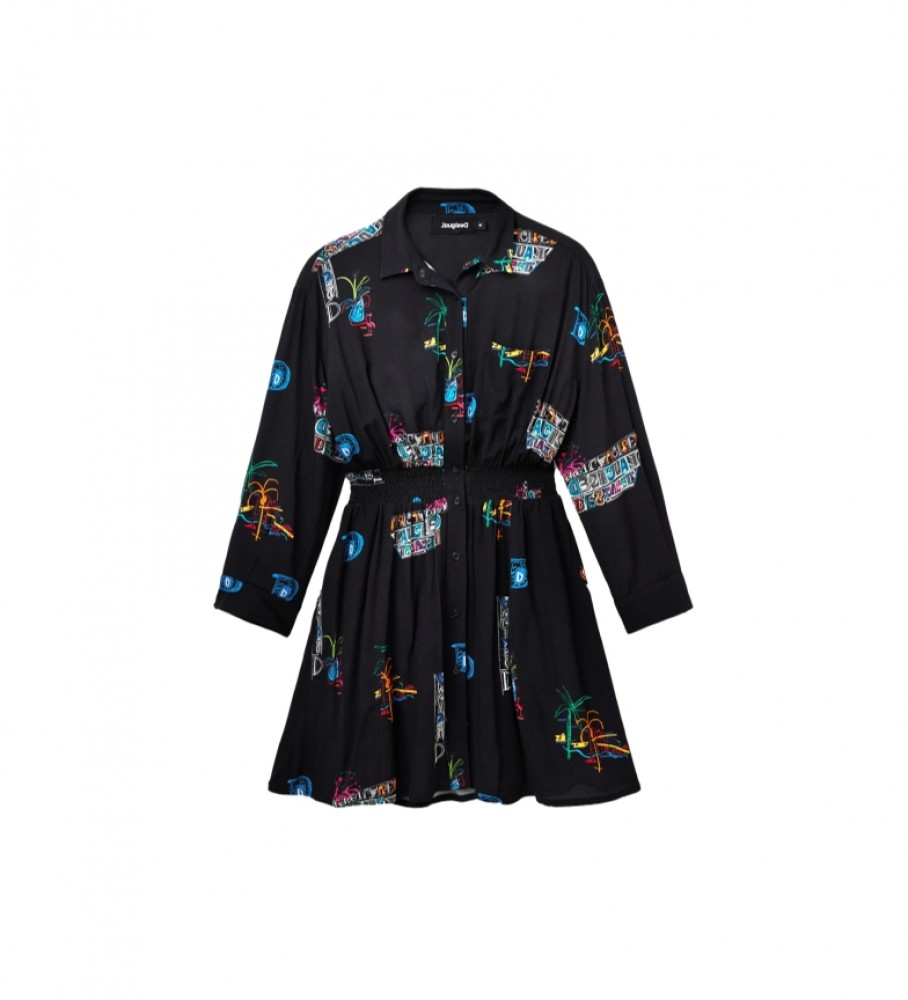 Vestido curto estilo camisa da Desigual com ilustrações pretas.
