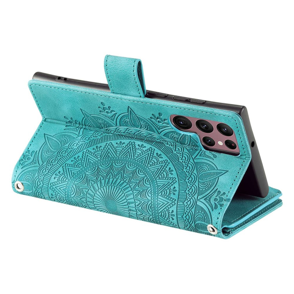 Samsung Galaxy S23 Ultra 5G Leder Tasche Flip Cover mit Reissverschluss - Mandala Flowers Imprint - Türkis