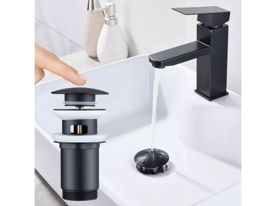 Bonde de Lavabo Bonde Pop-up avec Trop-plein Automatique Universelle Vidage pour Vasque et Lavabo Équipé Panier-filtre Noir G1-1-4