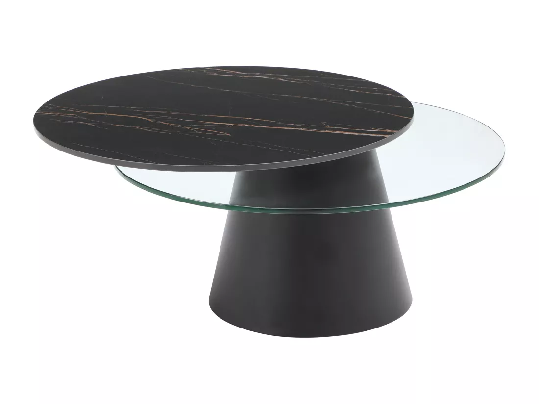 Table basse avec plateaux pivotants en céramique, verre trempé et métal - Effet marbre noir - NACESIA de Maison Céphy