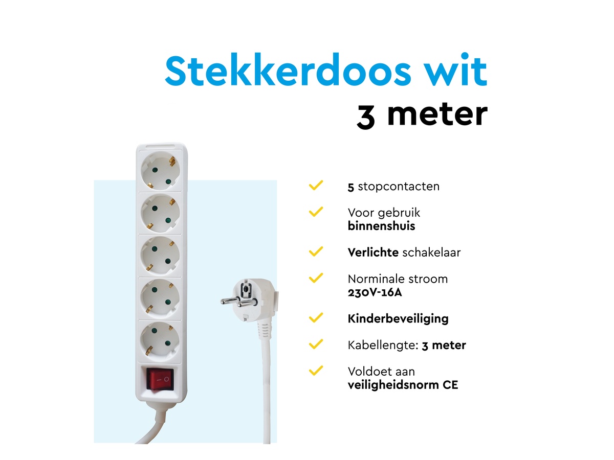 BRASQ 3 meter 5-voudige stekkerdoos met schakelaar - White