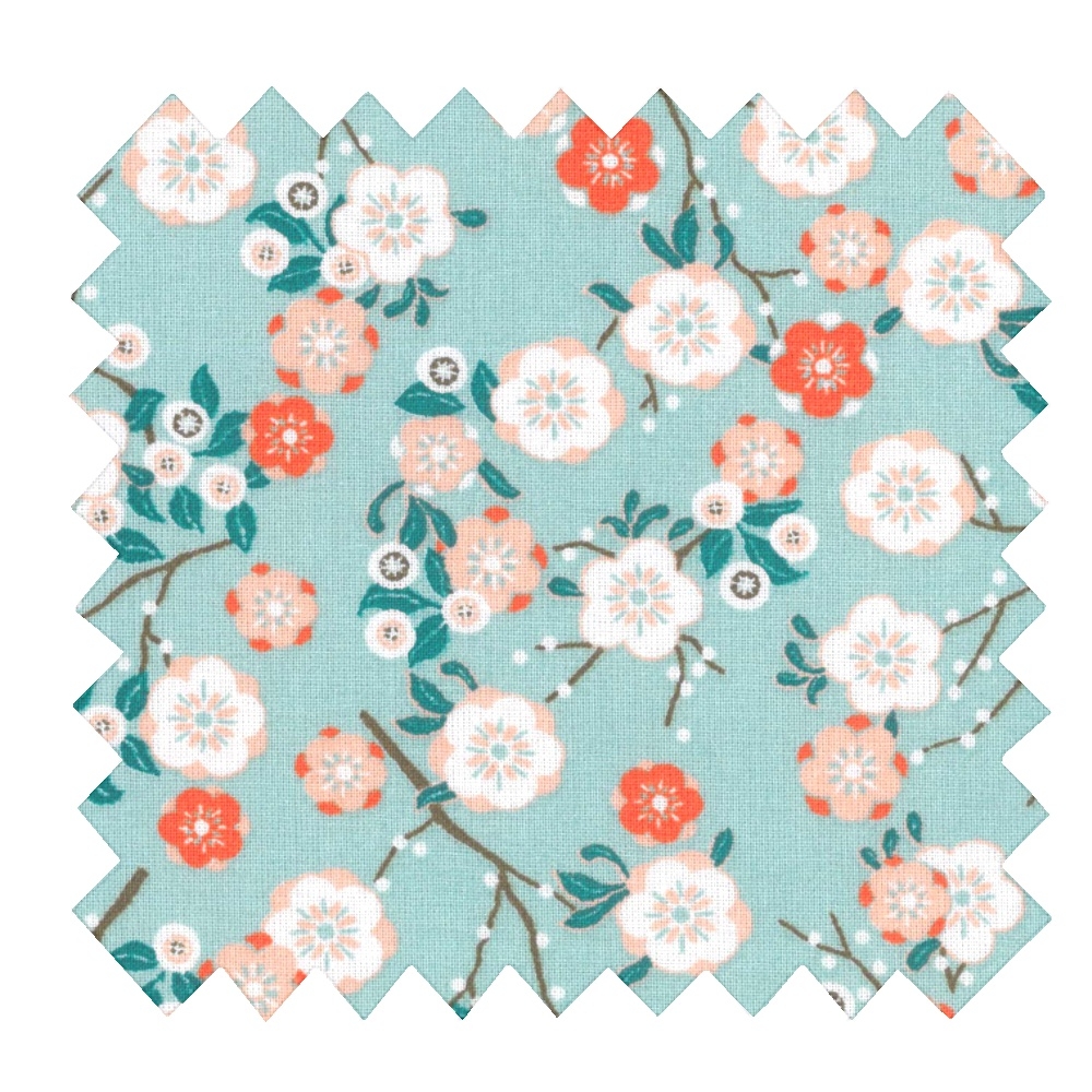 Tissu Coton Au Mètre Ex2401 Fleur De Cerisier Menthe