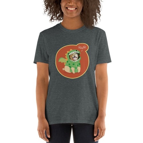 Camiseta feminina Mascochula, personalizada com dinossauro e seu animal de estimação, cinza escuro.