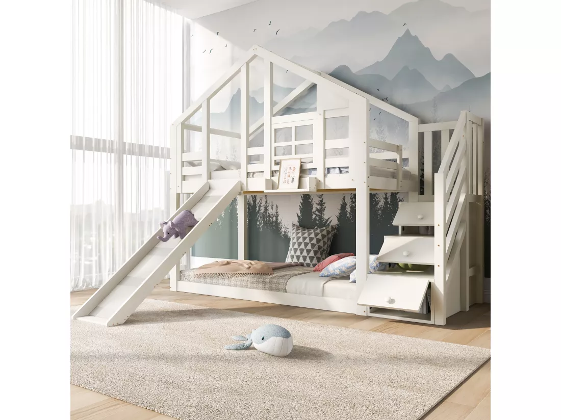 Lits superposés 2 x 90 x 200 cm avec 3 tiroirs, toboggan et toit - Bois massif + MDF - 2 x sommier à lattes - Blanc (sans matelas)