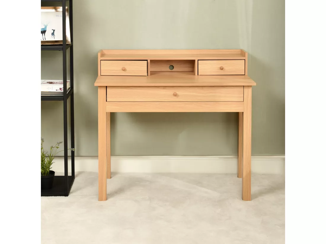 URBAN MEUBLE Bureau scandinave bois nature avec tiroirs et rangement avec strcture en bois 100*50*75.5-90.5cm