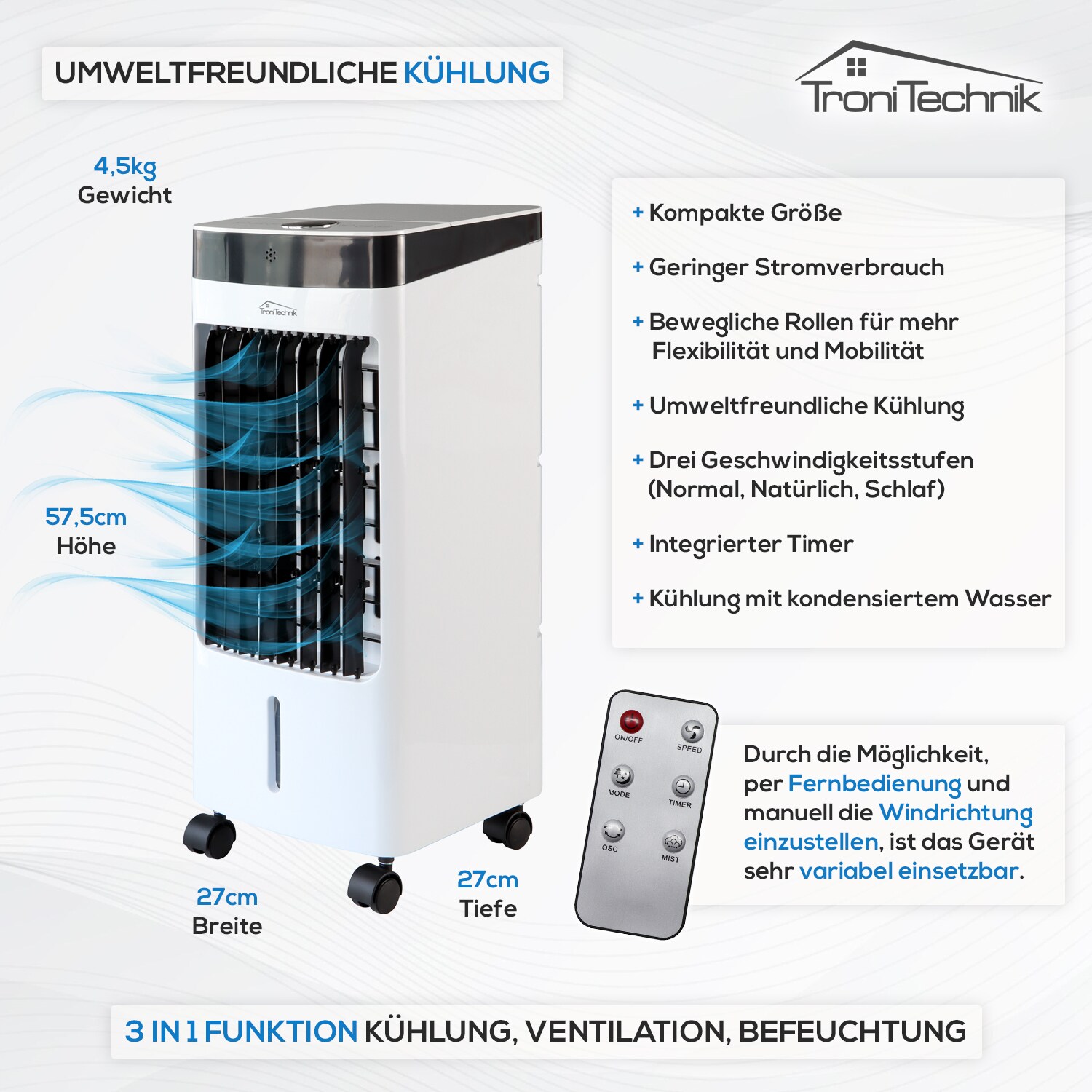 TroniTechnik® Mobiles Klimagerät 3in1 Klimaanlage Luftkühler LK04 Ventilator, inkl. Fernbedienung und Filter, 4in1 Kühler