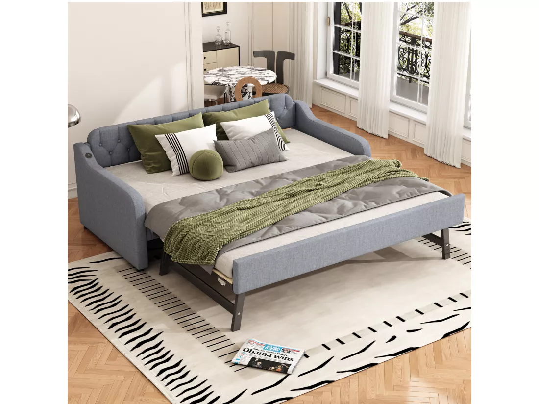 Lit gigogne 90/180x200cm, canapé lit extensible, méridienne avec port USB, sans matelas, gris