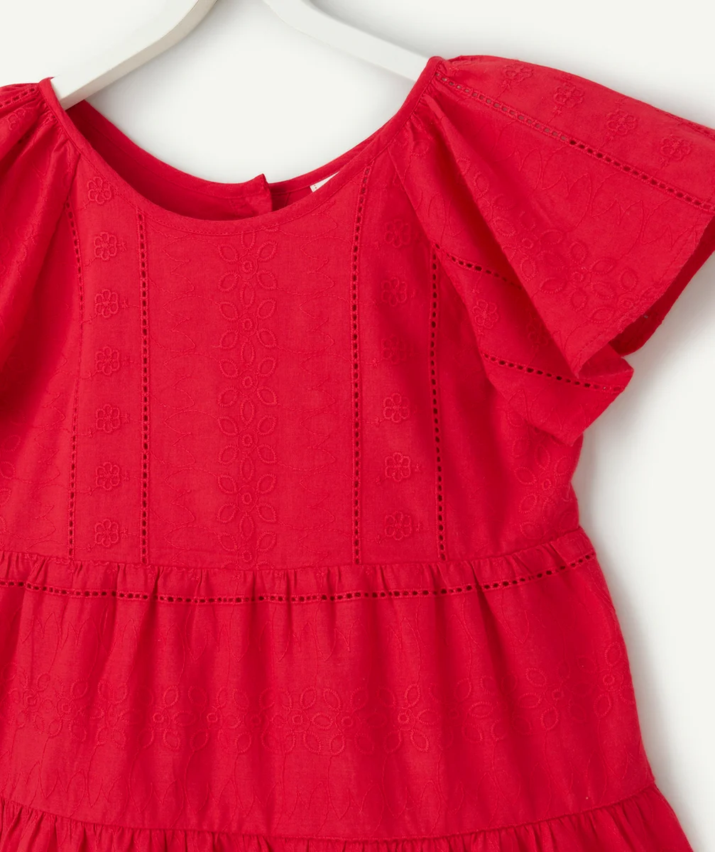 robe manches courtes fille rouge avec broderies anglaises
