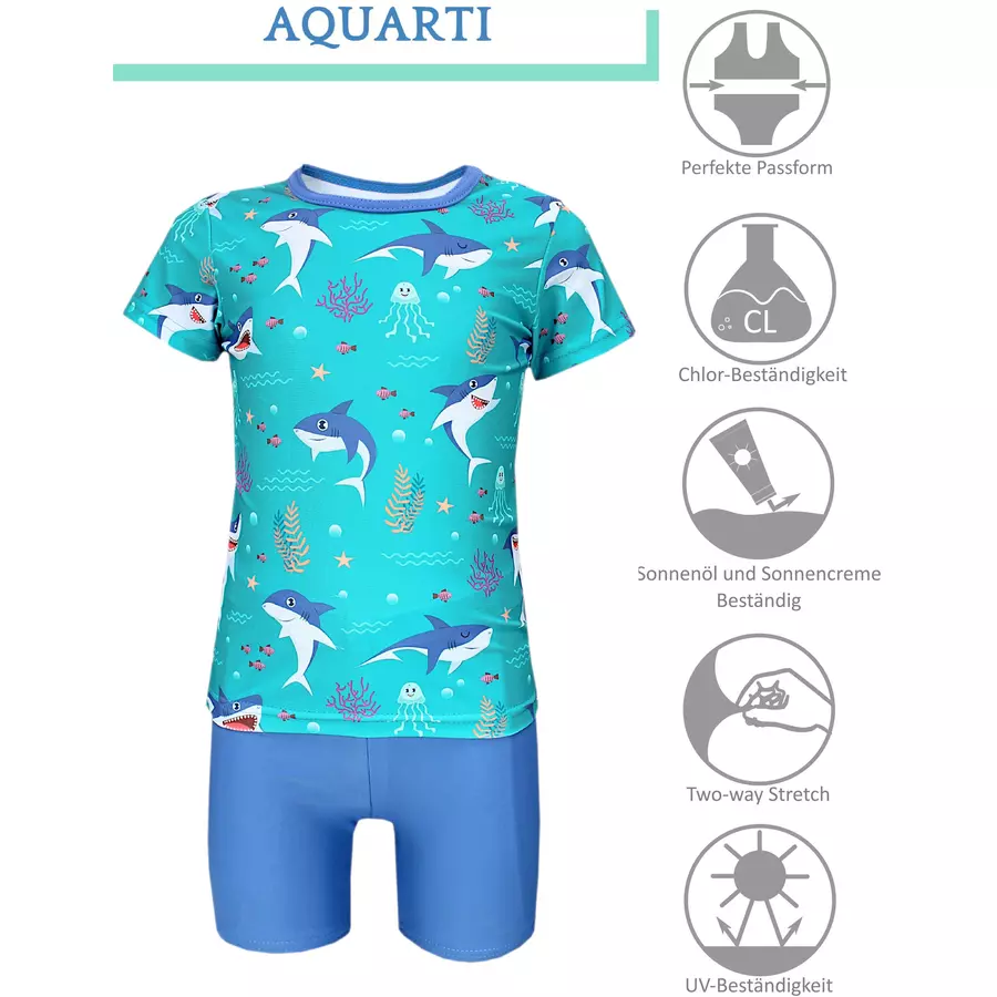 Aquarti Baby Jungen Bade-Set Zweiteiliger Badeanzug T-Shirt Hose türkis