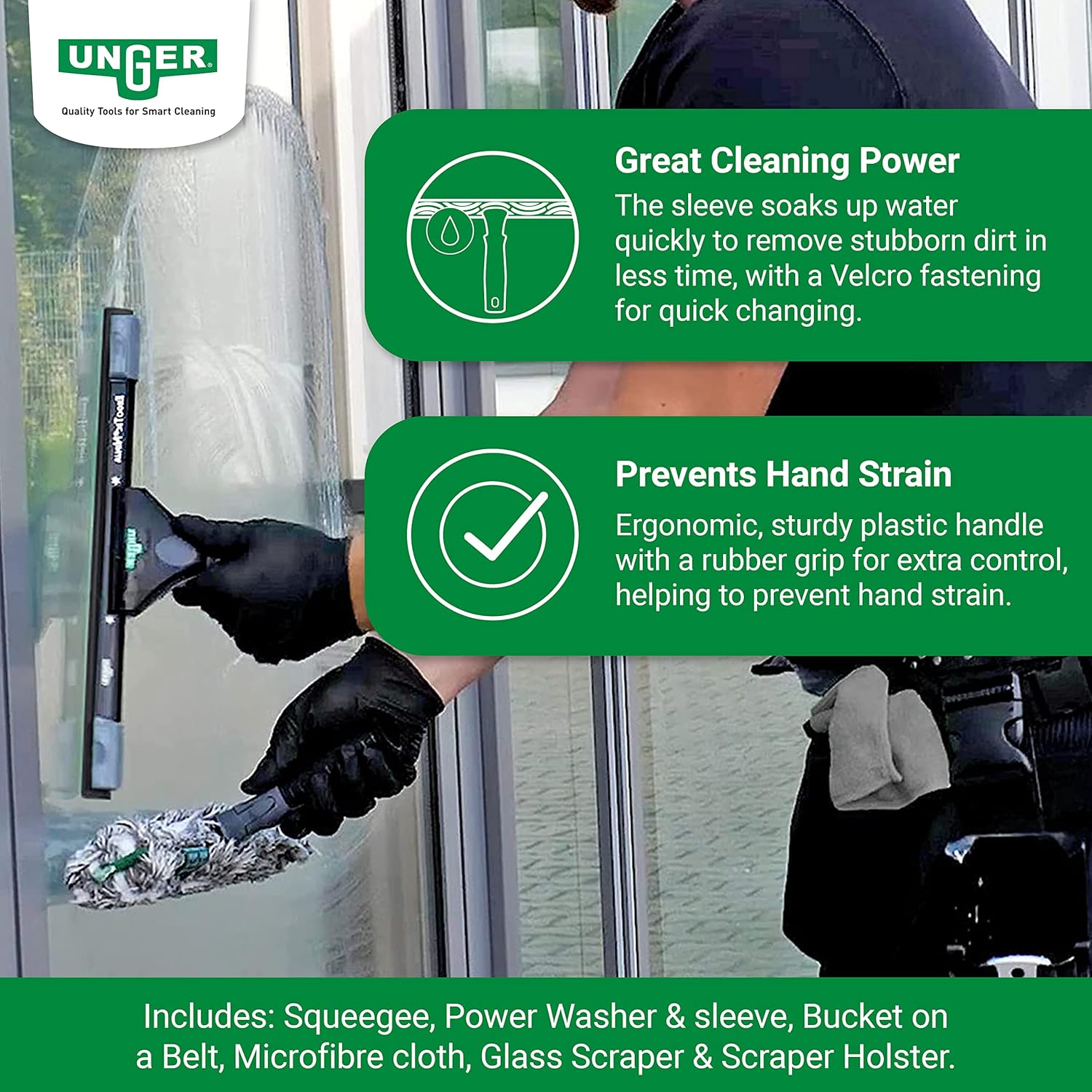 UNGER ErgoTec Ninja Fensterreinigungs-Komplett-Set 6in1 (Einwascher 35 cm, Fensterwischer 35 cm, Mikrofasertuch, Glasschaber, Holster, Bucket on a Belt, Fensterreinigung/Glasreinigung) AKN14