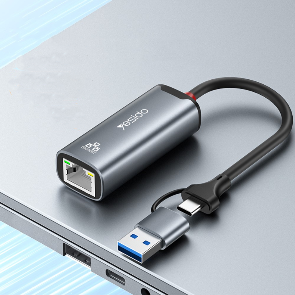 USB C / USB A auf Gigabit Ethernet LAN RJ45 Netzwerkanschluss Adapter (1000Mbit/s) - Grau