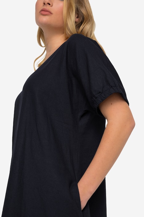Leinenmix-Kleid, Rundhals, elastische Halbarm-Abschlüsse