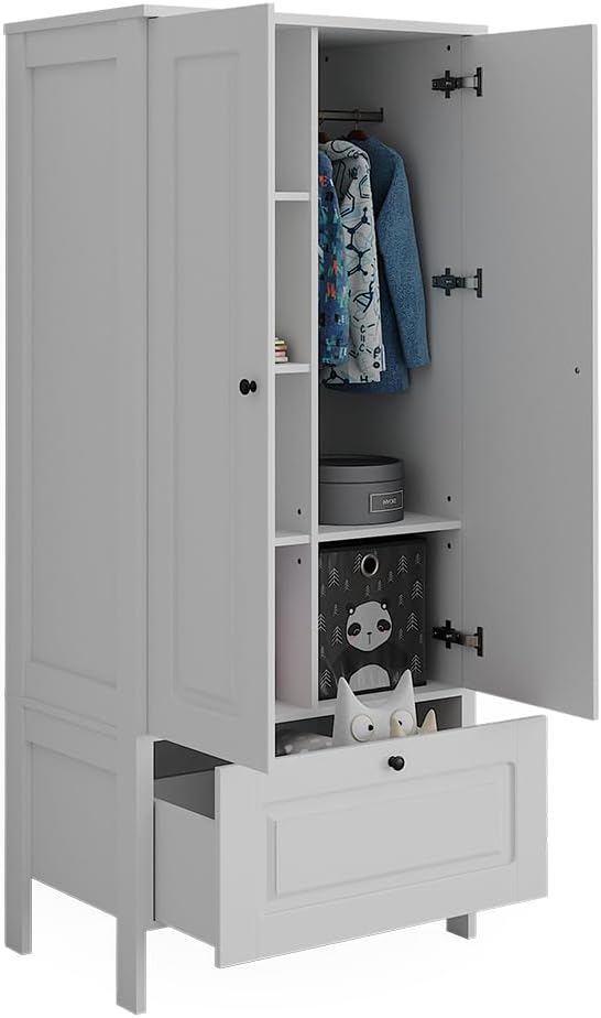 Kinderkleiderschrank Weiß Ajaton - 83x187x53 cm hergestellt aus Spanplatte - Kinderregal für Kinder und Teenager, für eine strukturierte und sichere Lagerung