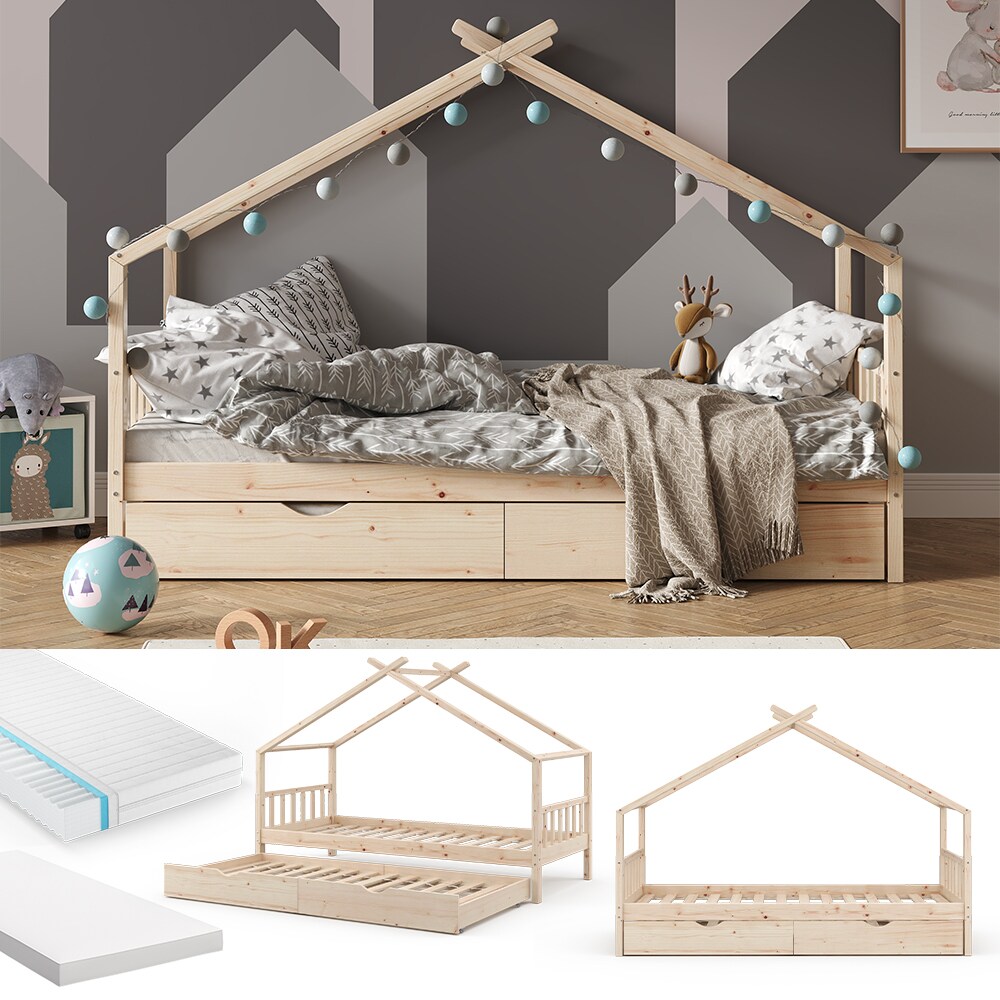 VitaliSpa Kinderbett Hausbett Gästebett Design Lattenrost 90x200 Matratze Natur