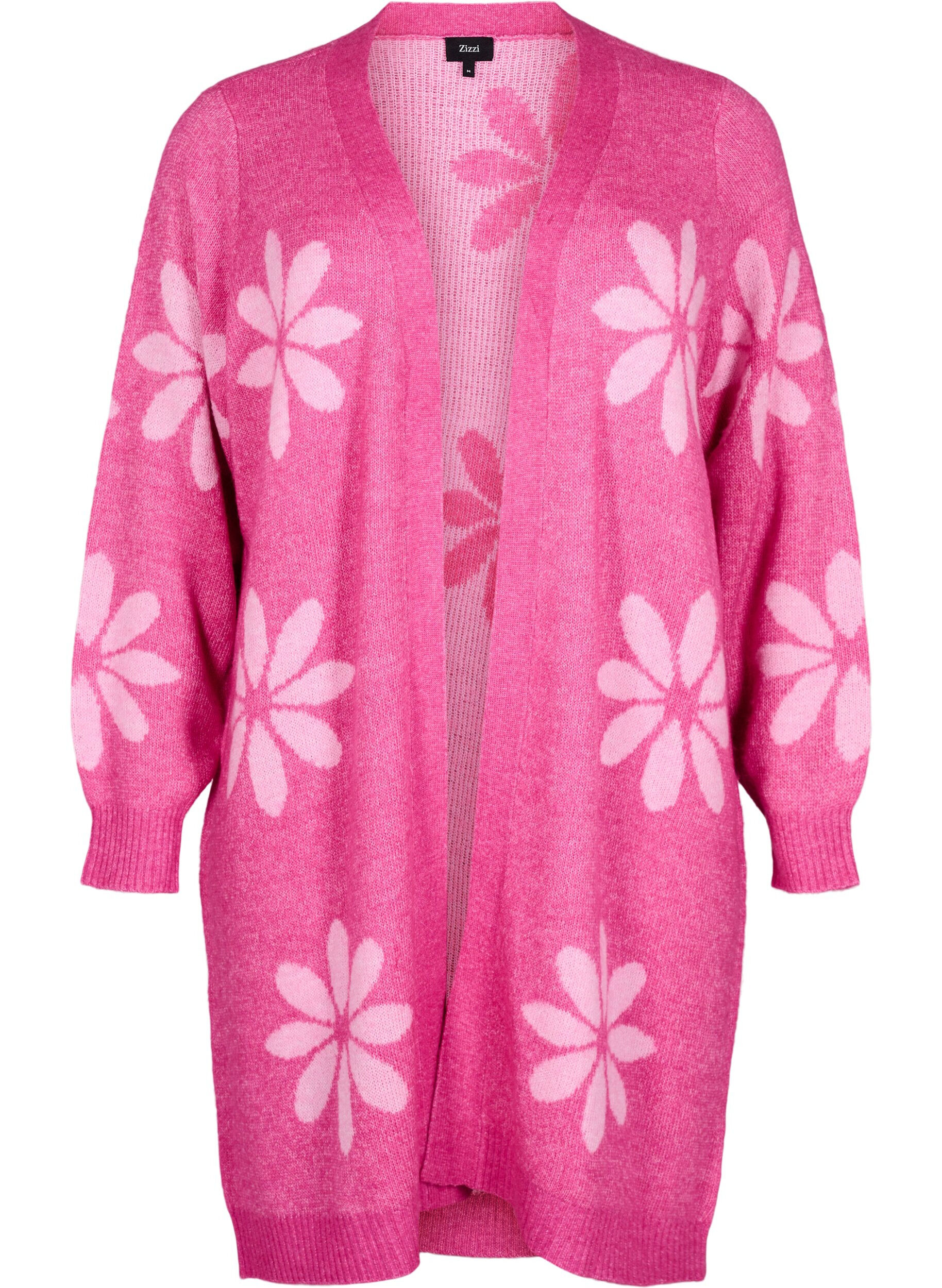 Lang strik cardigan med blomster