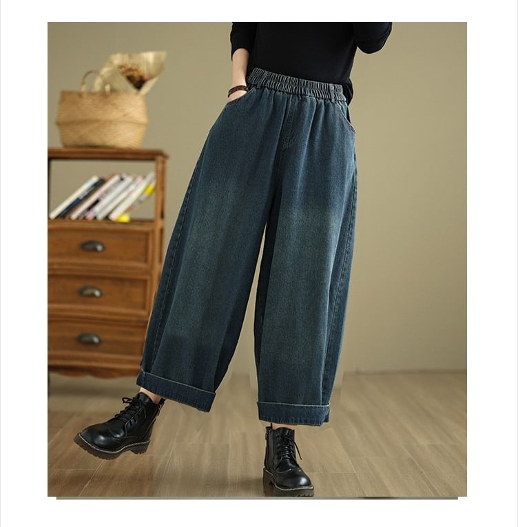 Lewwe - Elastische taille, gewassen wijde jeans