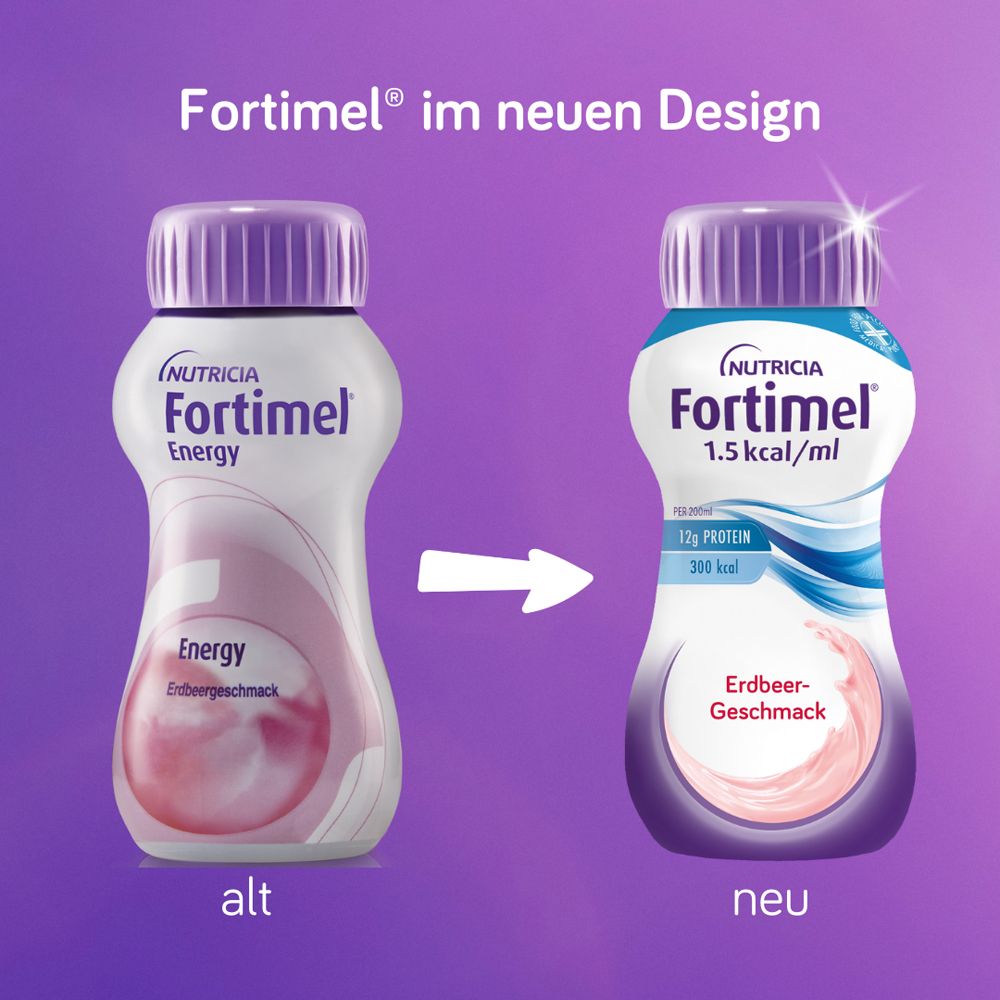 Fortimel® 1.5 kcal Erdbeere – Hochkalorische Trinknahrung mit allen wichtigen Nährstoffen, Vitaminen, Mineralien und Spurenelementen – 300 kcal und 12 g Eiweiß pro Flasche