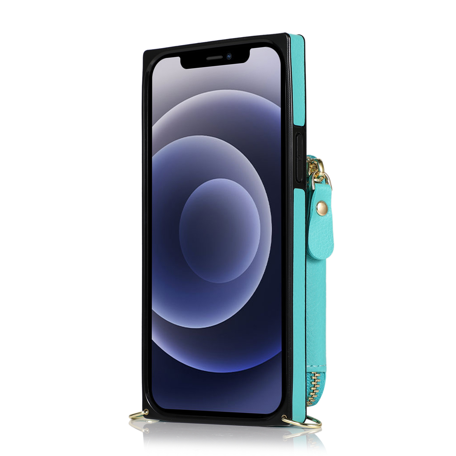 iPhone 12 / iPhone 12 Pro Necklace Leder Schutz Hülle mit Kartenfächer   Handykette (140cm) - Türkis