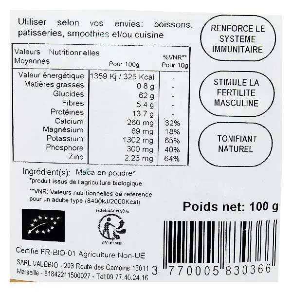 Maca Orgânica Valebio 100g