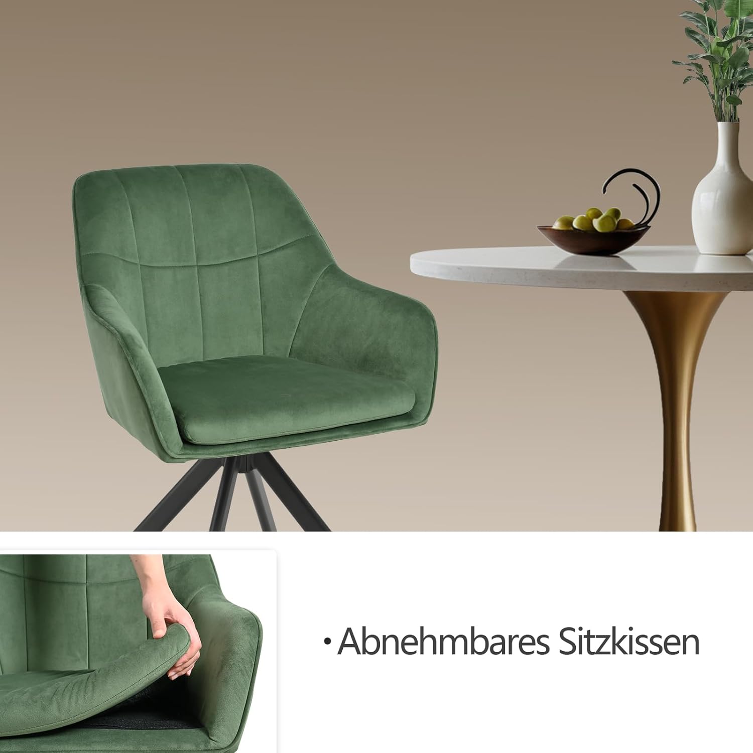 Drehstuhl Esszimmer 4er Set Samt Grün mit Armlehne Polsterstuhl Esszimmerstühle drehbar Küchenstuhl mit Metallbeine für Wohnzimmer Esszimmer