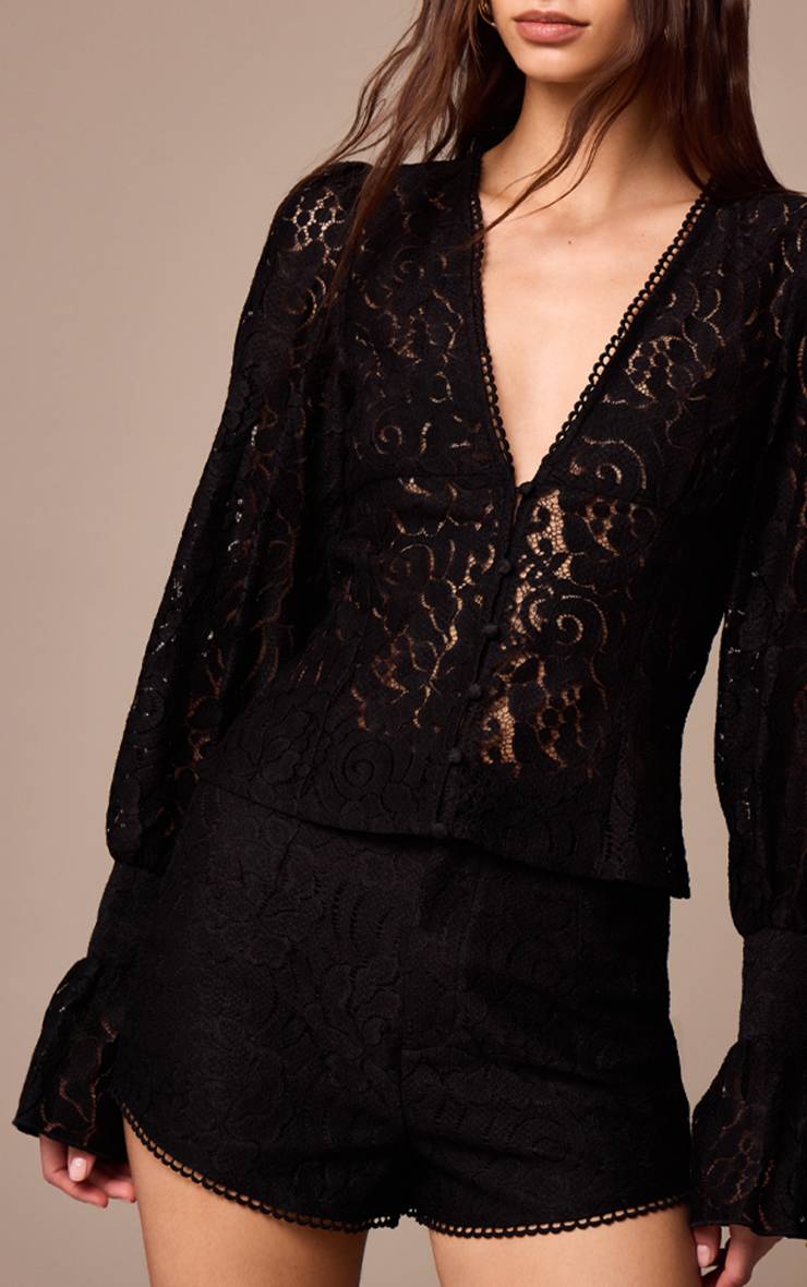 Noir Ensemble Coordonné Blouse En Dentelle Transparente À Décolleté Plongeant Et Manches Bouffantes