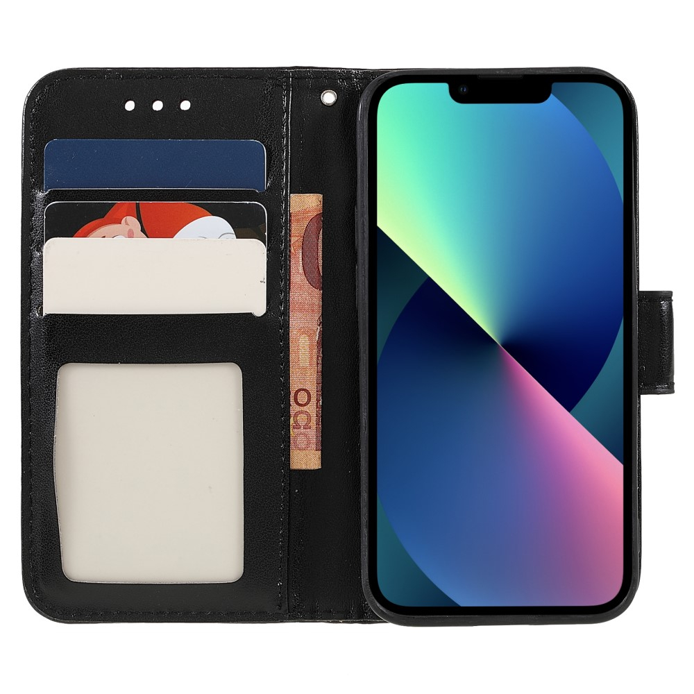 iPhone 13 Leder Tasche Wallet - Mandala Flowers Imprint - Schwarz