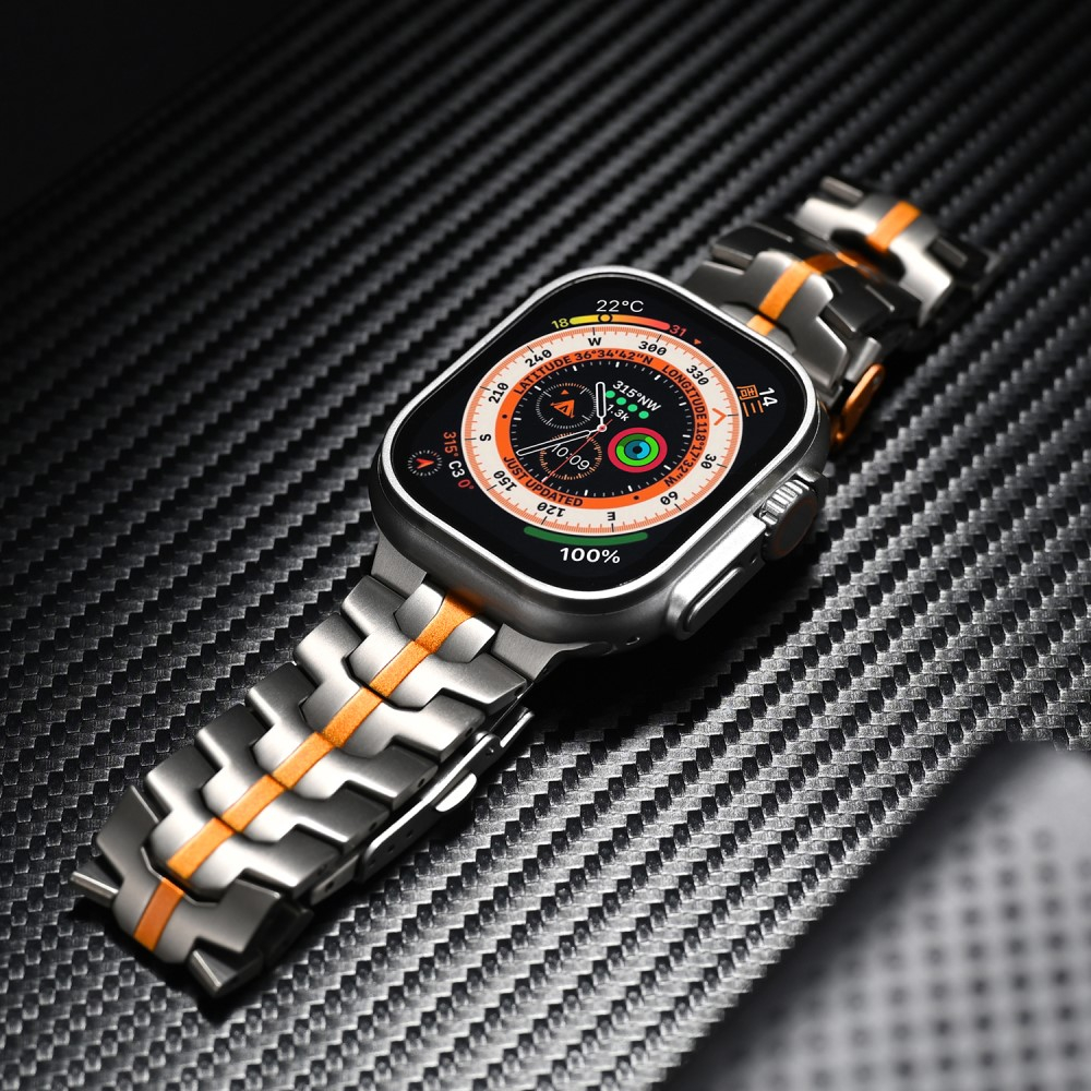Apple Watch (49/46/45/44 mm) Edelstahl Reifenmuster Armband mit Faltschliesse (Gelenkumfang: 175 - 240 mm) - Titan / Orange