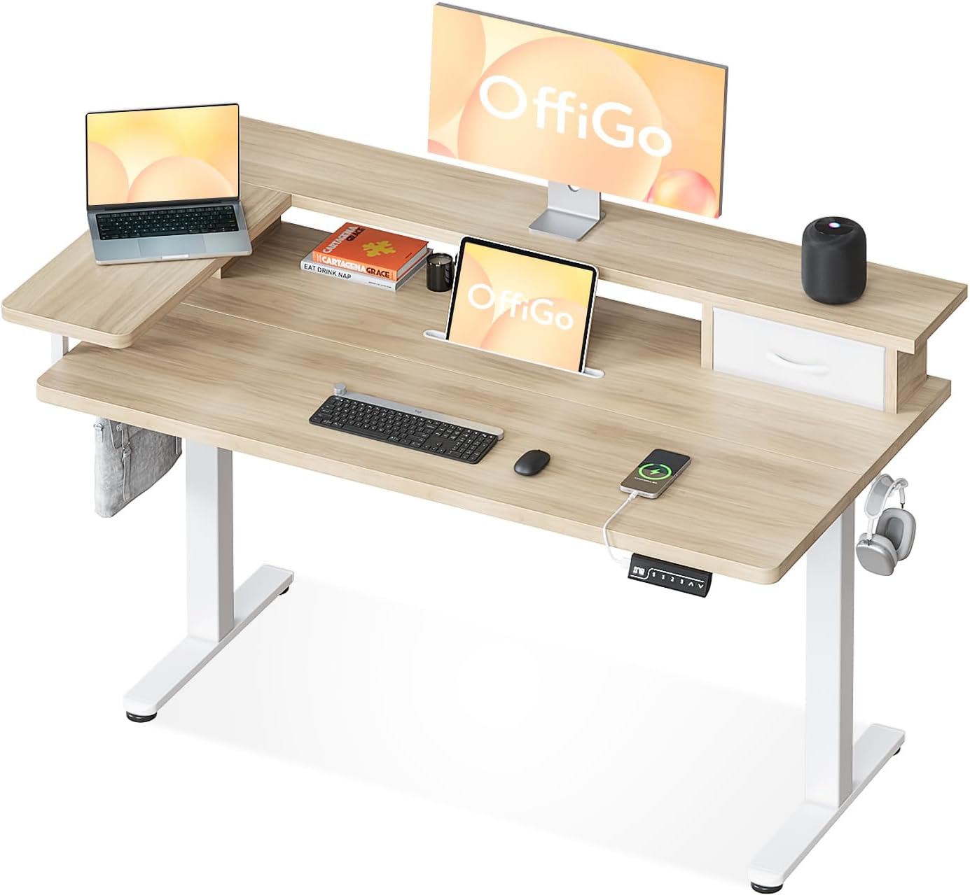 OffiGo Schreibtisch Höhenverstellbar Elektrisch mit Schublade und USB, 120 x 60 cm, Ergonomischer Steh-Sitz Tisch Computertisch, Maple