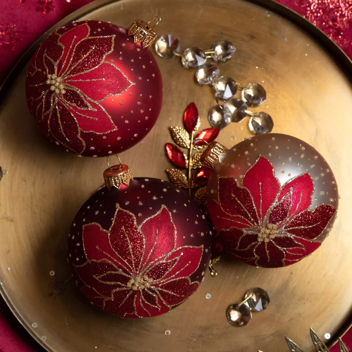 Lot de 6 boules de Noël (D80 mm) en verre Poinsettia Rouge