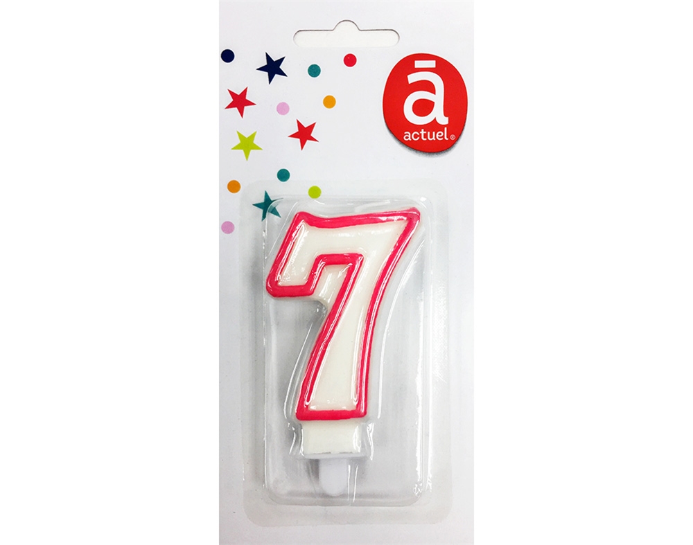 VELA DE ANIVERSÁRIO NÚMERO 7 ACTUEL BRANCO COM REBORDO COLORIDO