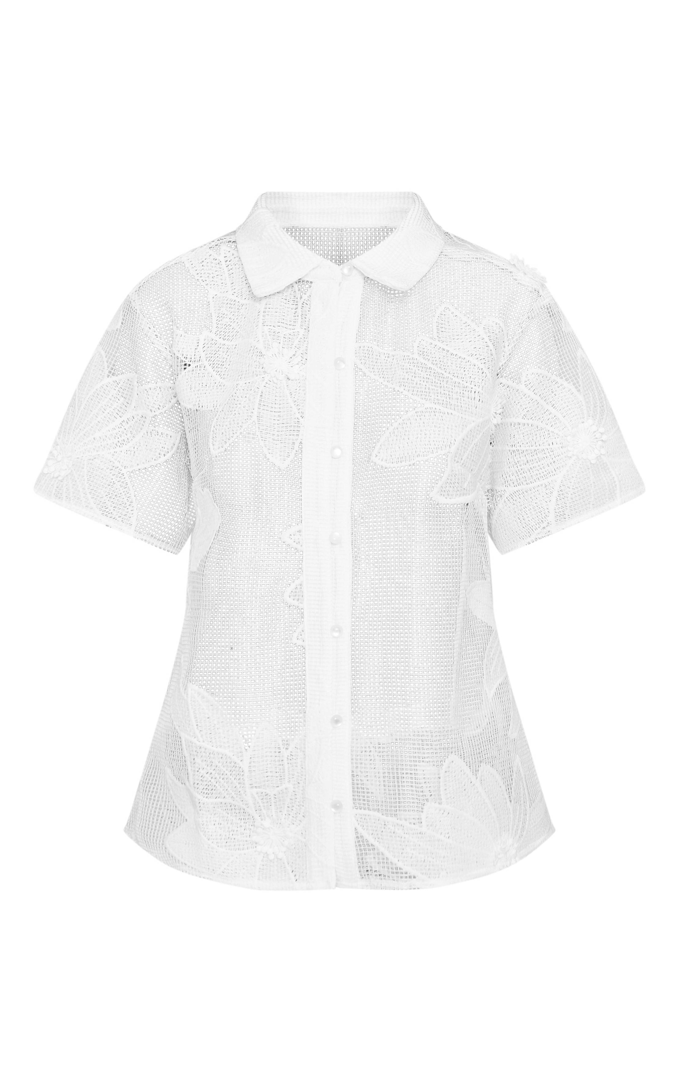 Blanc Ensemble Chemise À Fleurs Appliquées Petite