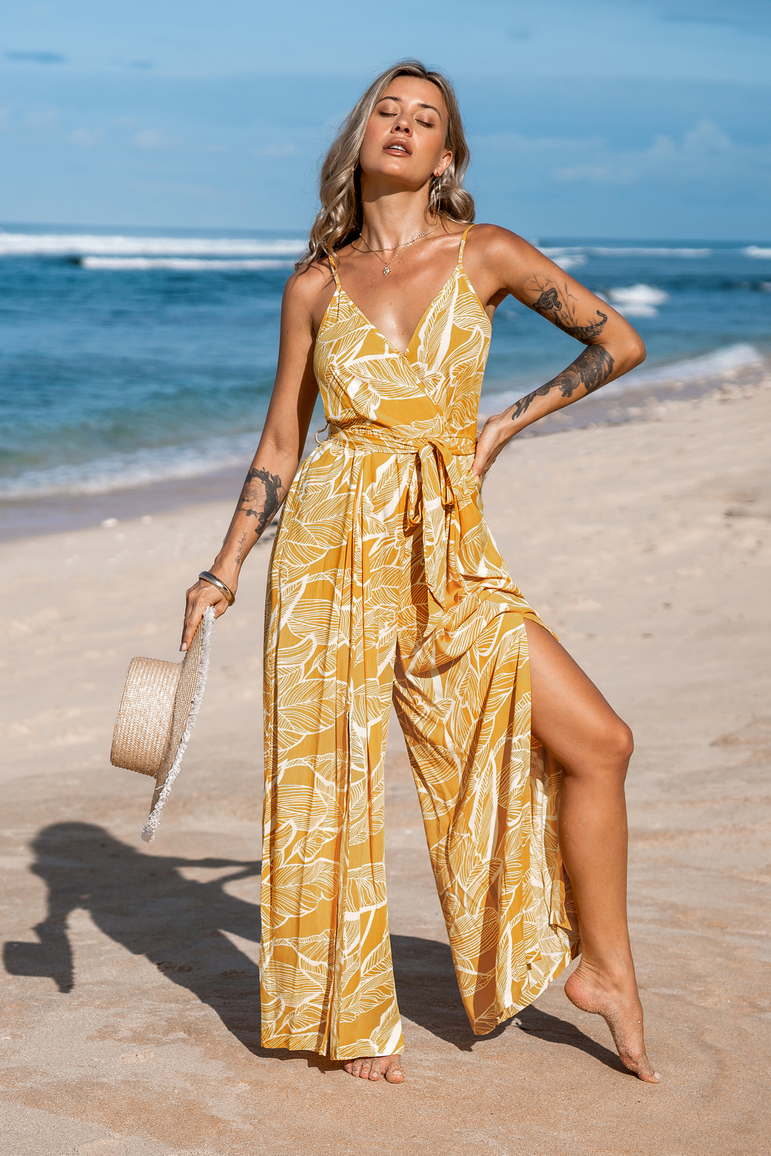 Combinaison sans manches à jambes larges tropical