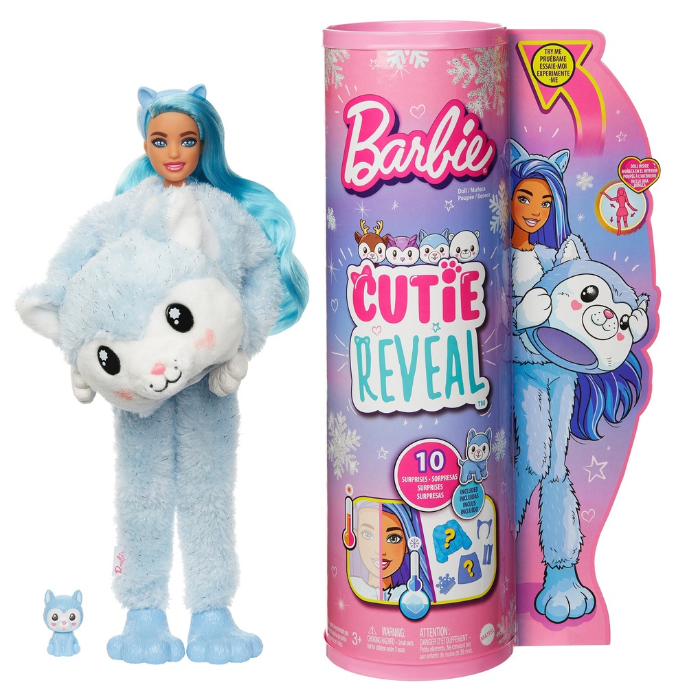Barbie Cutie Reveal Puppe mit Husky-Plüschkostüm und 10 Überraschungen