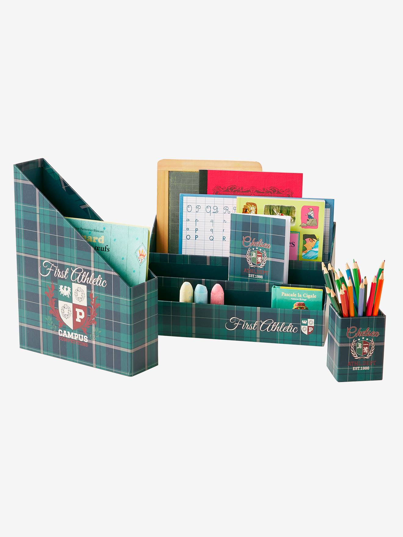 Conjunto organizador de mesa para campus, com estampa verde escura.