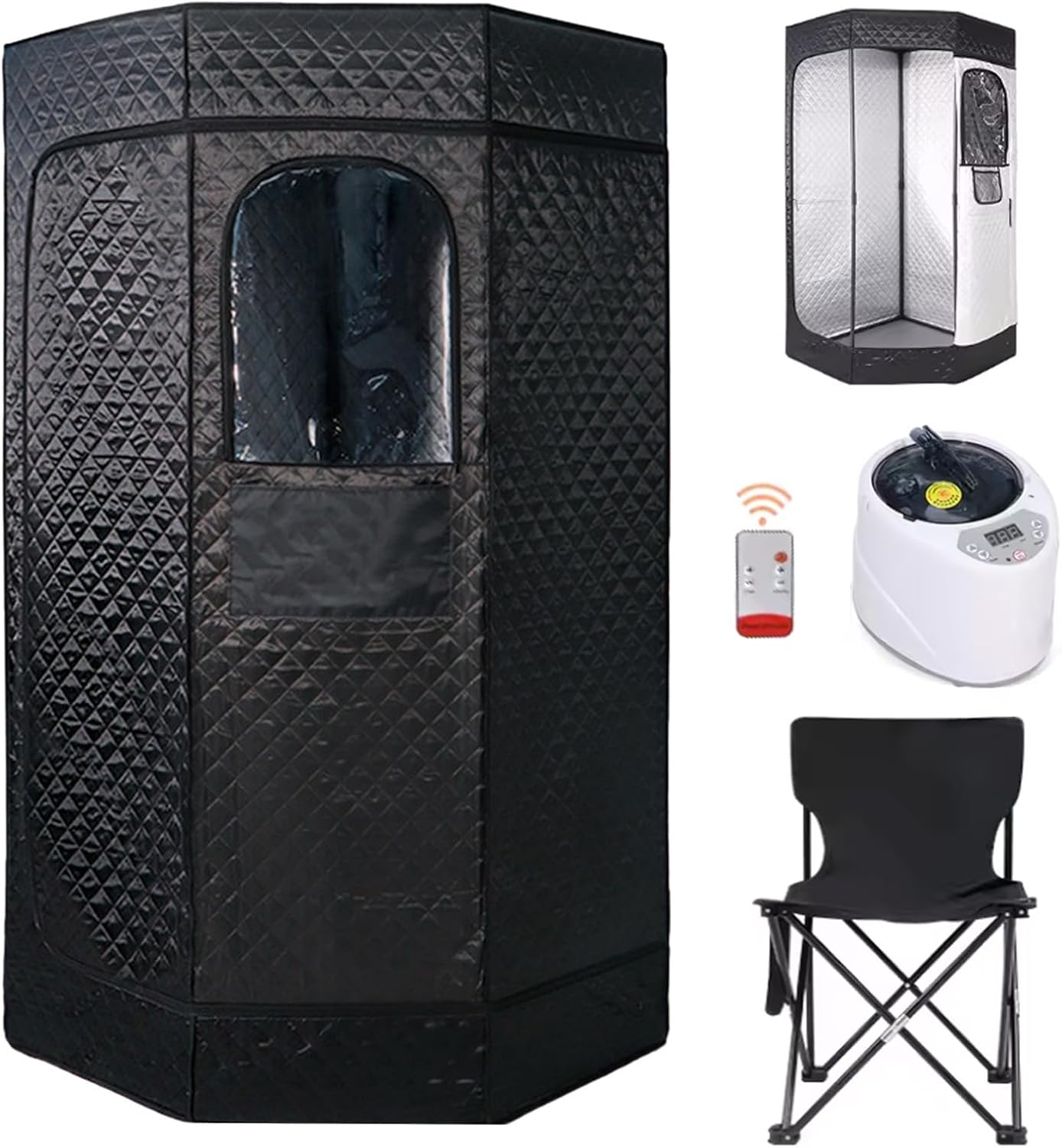 Sauna Saunazelt, 1200W Saunakabine Dampferzeuger Sauna Dampfsauna für Zuhause Draussen Tragbare Saunazelt Timer & 9 Temperaturstufen mit Dampfsauna 3L Dampftopf Fernbedienung Klappstuhl 180CM(H)